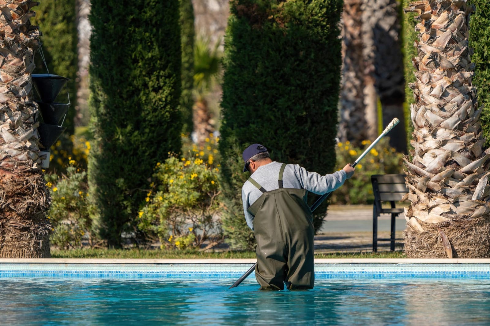 A pool cover fitter measuring anchor spacing along a backyard deck